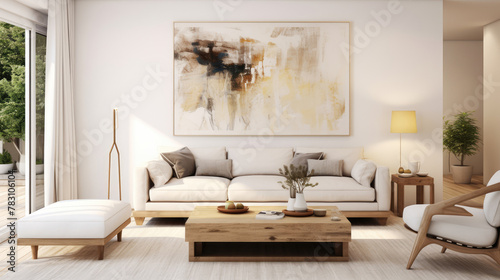 Wooden coffee table and ottoman chair near white fabric sofa against wall with big art poster frame. Mid-century home interior design of modern living room Generative AI photo