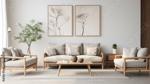 Grey armchair near beige loveseat sofa against white wall with poster frames. Japandi home interior design of modern living room Generative AI photo