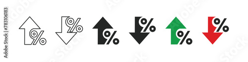 Percentage growth and decline icons. Percent arrow up and down flat style symbols