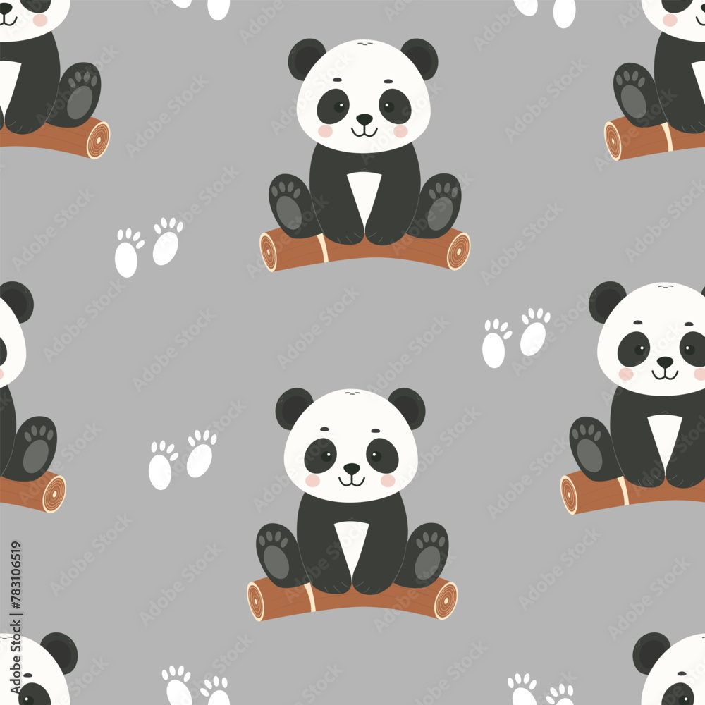 Fototapeta premium Cute pandas sitting on a tree, paw prints seamless pattern. Template for textile, wallpaper, packaging, cover, web, card, box, print, banner, ceramics