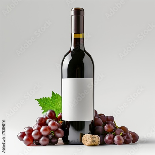 A bottle of red wine with grapes on the side on a white background. The bottle is made of glass and has a cork on the top with white empty label.