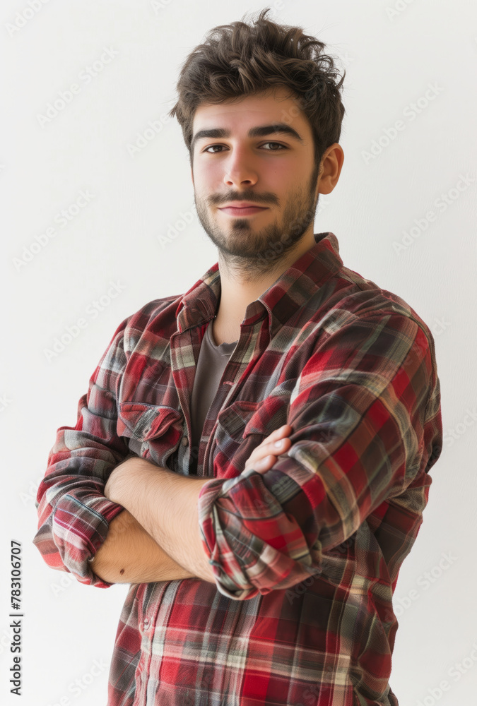 Young man with beard posing in a checkered shirt Young man with beard posing in a checkered shirt