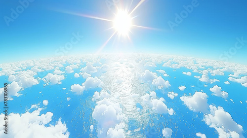 A blue sky with a sun shining brightly in the middle. The sun is the main focus of the image, and it creates a warm and inviting atmosphere. The blue sky and the sun together evoke a sense of peace