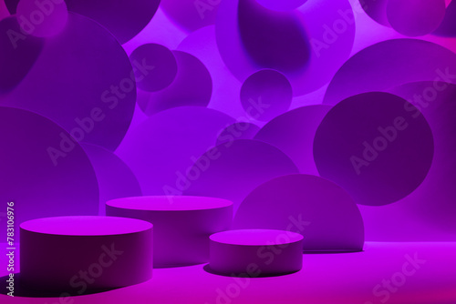 Abstract scene for presentation cosmetic products mockup - three round cylinder podiums in gradient purple violet glowing light, circles as geometric decor. Template for showing in neon hipster style. © finepoints