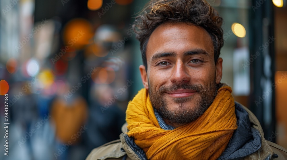 A man with a beard and scarf smiling in front of people, AI A man with a beard and scarf smiling in front of people, AI
