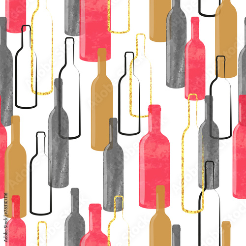 Wine bottles seamless pattern. Vector watercolor illustration, good for bar menu design