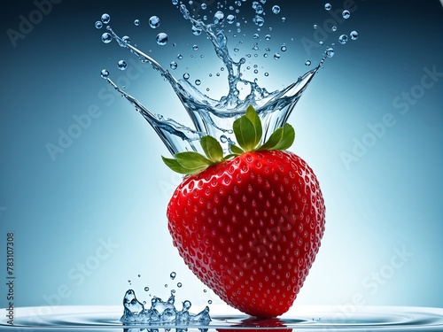 Eine Erdbeere fällt ins Wasser - KI generierte Illustration - Nahaufnahme