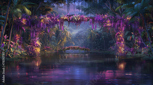 A bridge over a river with purple flowers on it. The bridge is surrounded by trees and the water is calm