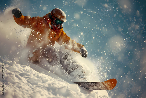 Daring Snowboarder Executing a Stylish Mid Air Grab Maneuver in the Snowy Halfpipe photo