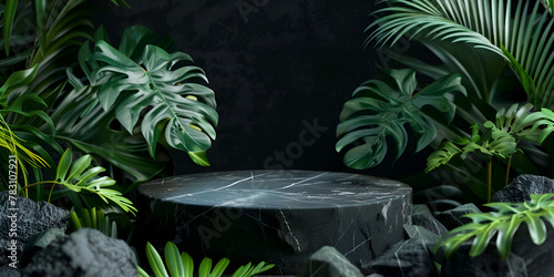 Tropical black stone podium with leaves background nature pedestal stage product display Empty black stone platform with tropical plants on dark background