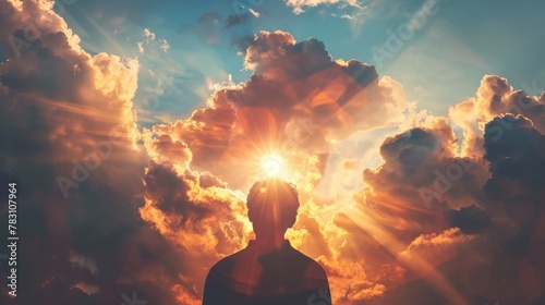 A person standing in front of a bright sun with clouds behind him, AI