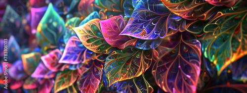 bright leaves on a branch in a fantasy style. The leaves are in peacock color. Abstract background of leaves in neon colors