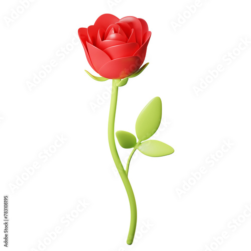 Red rose with green leaf isolated on white background. 3d rendering     