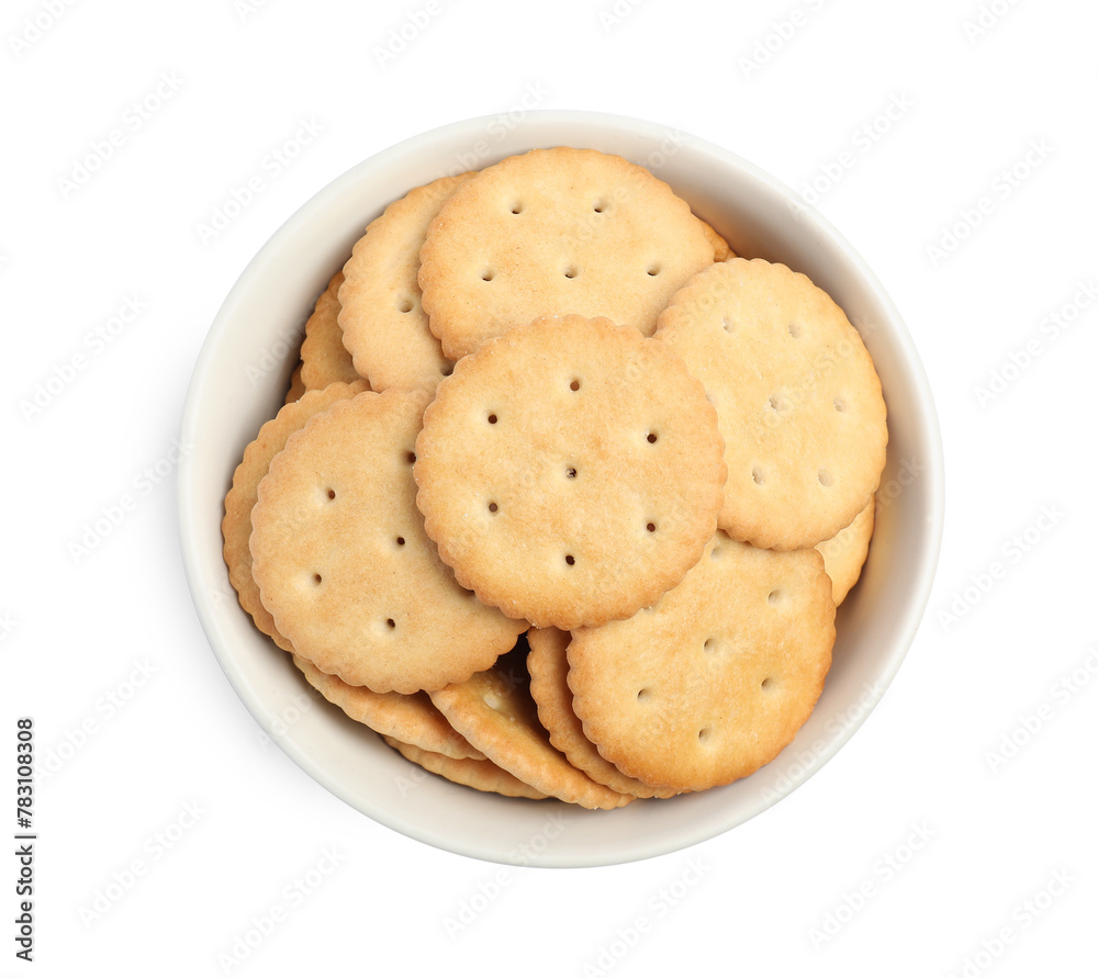 Tasty crackers in bowl isolated on white, top view Tasty crackers in bowl isolated on white, top view