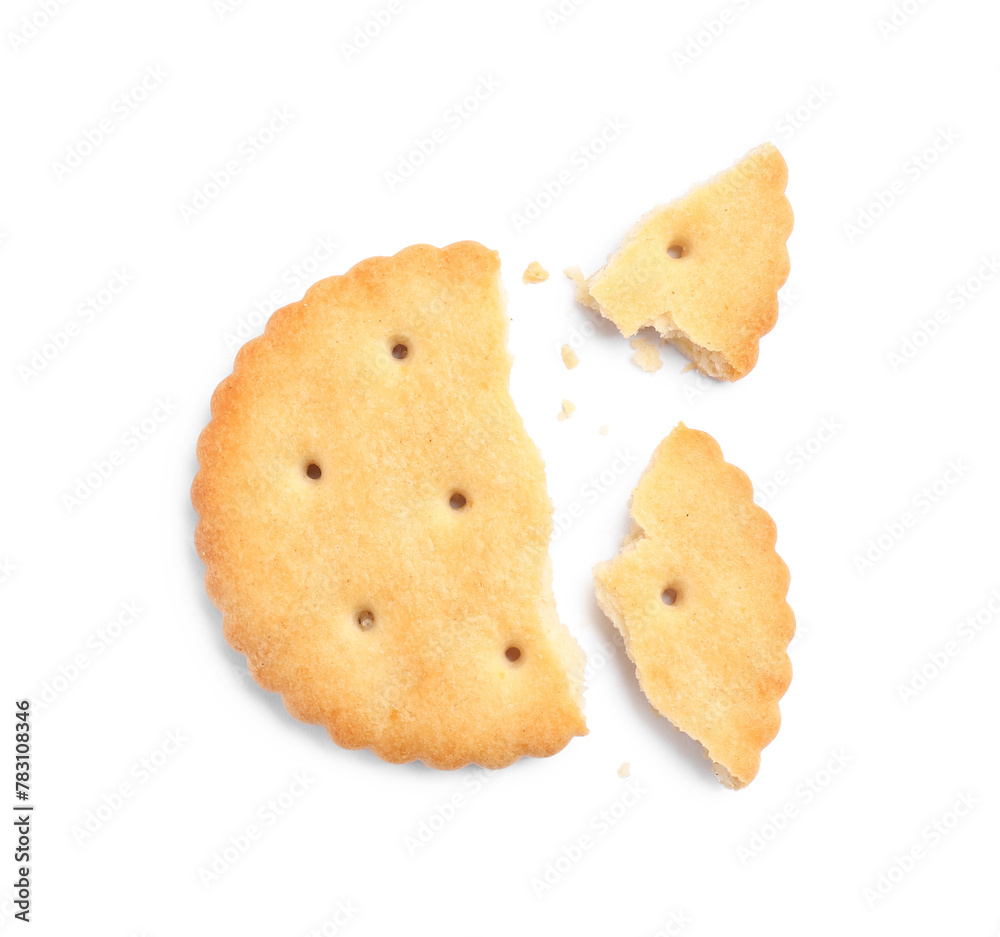 Crispy broken cracker isolated on white, top view Crispy broken cracker isolated on white, top view