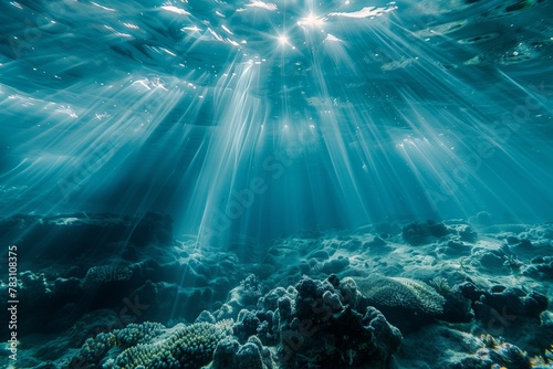 Sun rays pierce the ocean above a coral reef