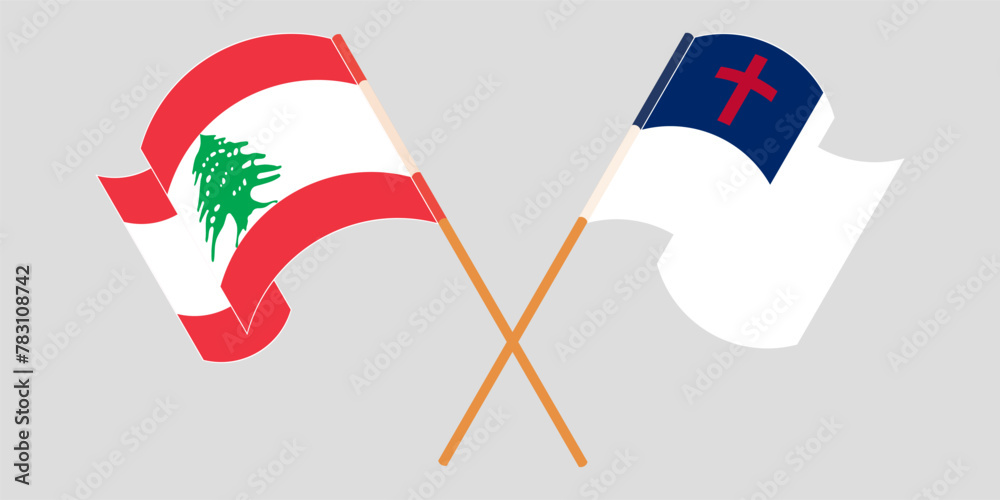 Naklejka premium Crossed and waving flags of the Lebanon and christianity