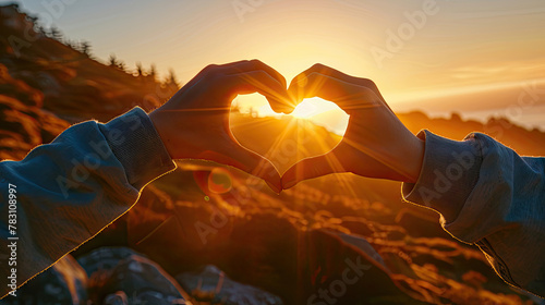 Silhouette hands making a heart shape on sunlight