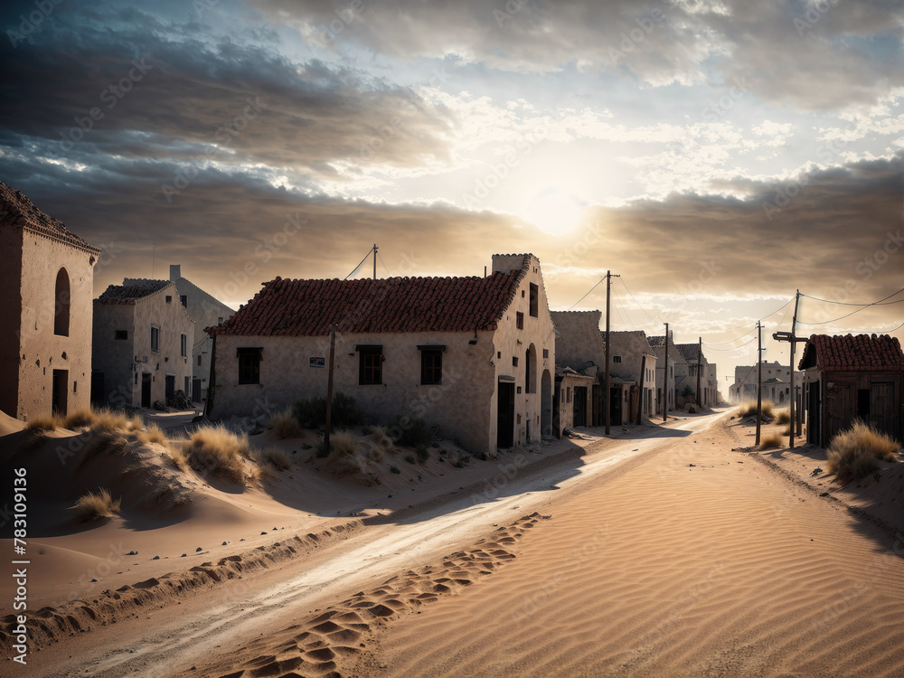 A deserted town with sandy streets and empty buildings. A deserted town with sandy streets and empty buildings.