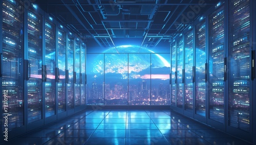 A high-tech data center with rows of glowing server cabinets, illuminated by neon lights in vibrant colors, creating an atmosphere that evokes the essence and technology behind cloud computing