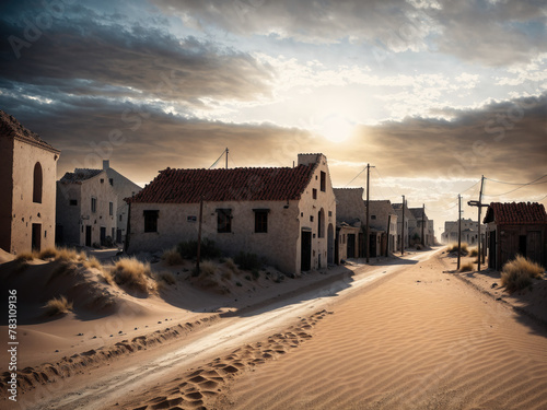 A deserted town with sandy streets and empty buildings. © Miklos