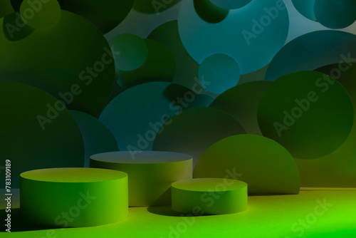 Abstract stage for presentation skin care products - three round podiums mockup in dark blue acid green glowing light, bubbles fly decor. Template for showing cosmetics in vr black friday style.