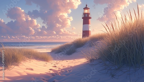 A lighthouse on the beach at sunset, surrounded by tall grass and sand dunes with footprints leading to it.  photo