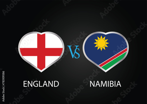 England Vs Namibia, Cricket Match concept with creative illustration of participant countries flag Batsman and Hearts isolated on black background