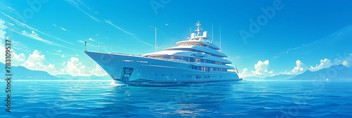 A luxury yacht in the middle of the calm blue sea, white in color with a touch of light gray on its hull. 
