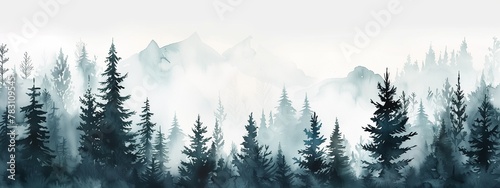 Watercolor banner with forest. Watercolor illustration background with a misty blue coniferous forest.