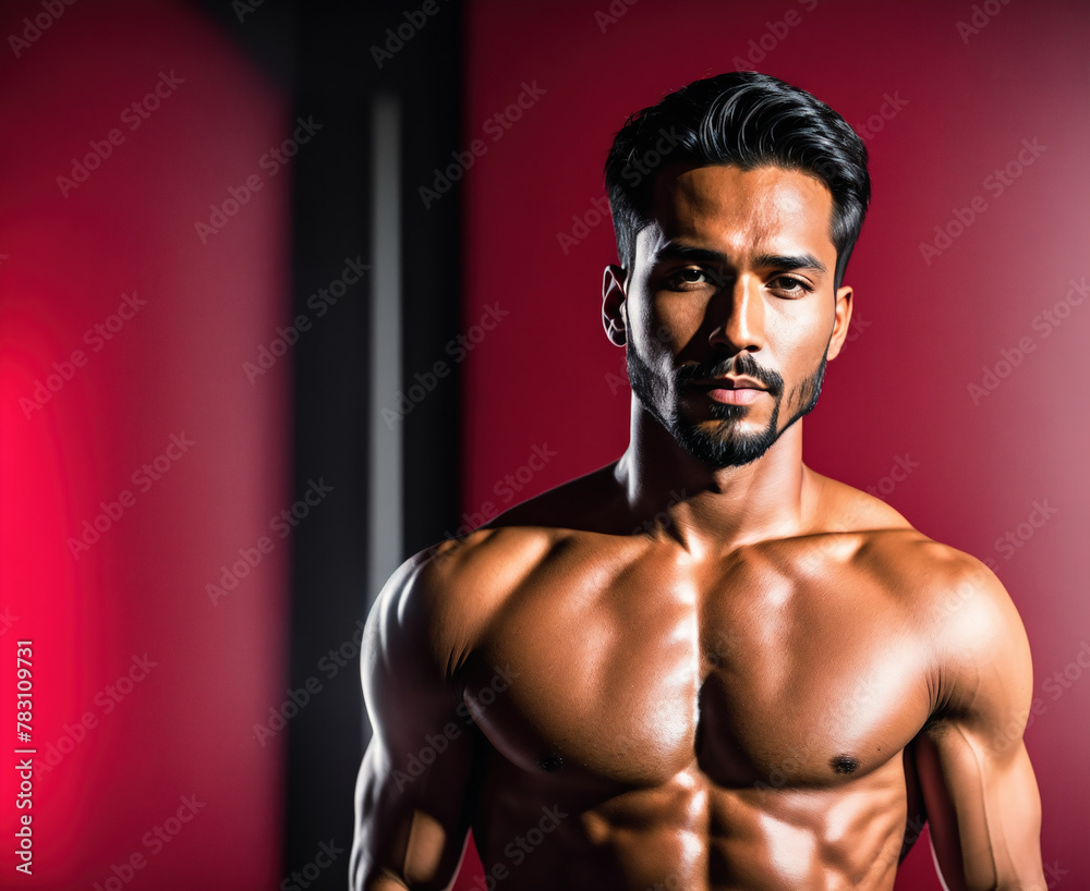 Fototapeta premium A man standing in front of a red wall with his shirt off, exposing his muscular torso.