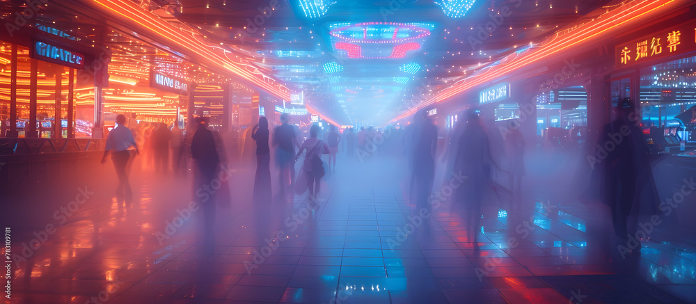 Futuristic Gambling Oasis with Holographic Patrons in a Blurred Neon Lit Environment