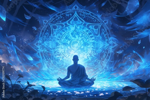 A man meditating with glowing chakras and energy circles around him  representing spiritual awakening or meditation concept. 