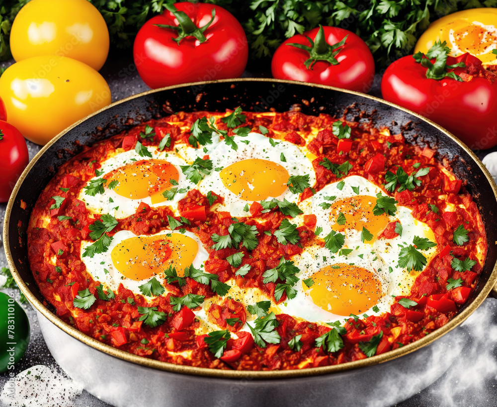 A red and white casserole dish filled with eggs, tomatoes, and herbs. A red and white casserole dish filled with eggs, tomatoes, and herbs.