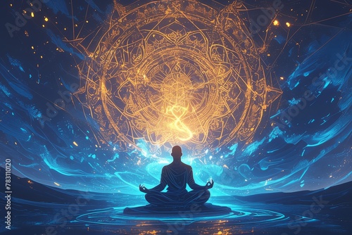 A meditating man with glowing aura around his body, symmetrical background