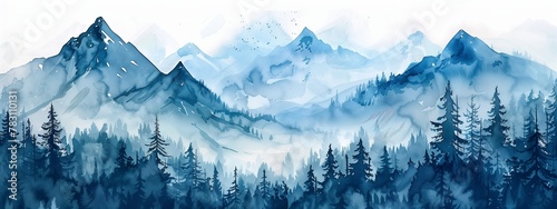 Watercolor banner with forest and mountains. Watercolor illustration background with a misty blue coniferous forest and mountains. photo
