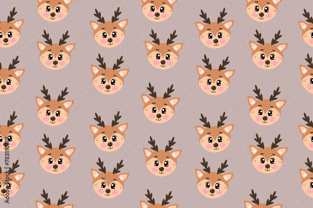 Fototapeta premium Seamless pattern with joyful cute christmas deer in flat style. Christmas holiday vector illustration of kawaii deers. Head of deer in childish style isolated on light brown background 