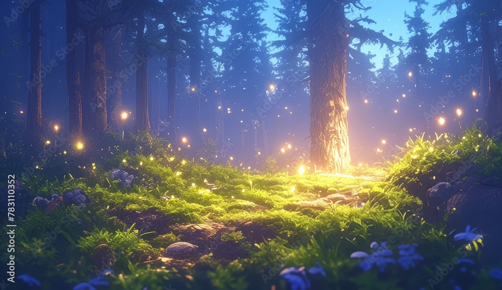 A mossy forest floor with glowing fireflies