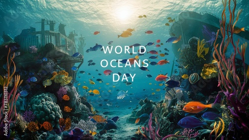 June 8, World oceans day, with underwater ocean, dolphin, shark, coral, sea plants, stingray and turtle