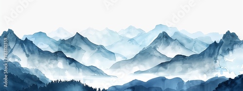 Watercolor banner with mountains. Watercolor illustration background with a blue foggy mountains.
