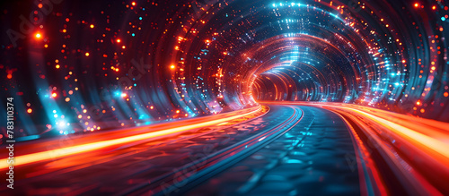 High Speed Hovercraft Race Through Futuristic Cybernetic Tunnel with Luminous Trails