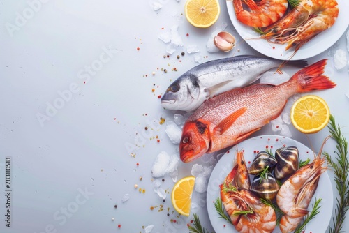 A plate of fresh seafood with whole fish and shrimps