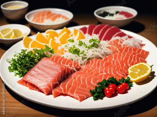A plate of sashimi, which is a Japanese dish made from raw fish sliced into thin pieces and served with soy sauce,