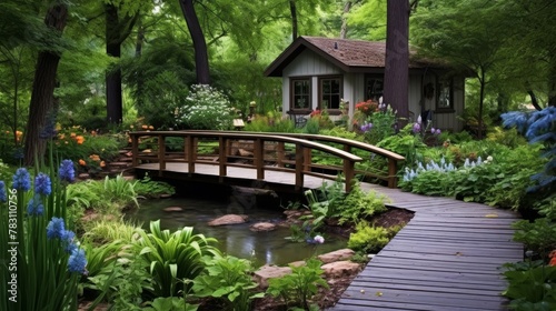 Rustic wooden footbridge enhances backyard over stream