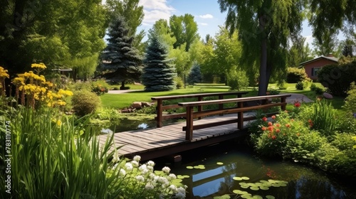 Backyard features quaint wooden footbridge over pond