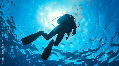 A man is scuba diving in the ocean. The water is clear and the sun is shining brightly