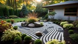 Zen rock garden with raked patterns in backyard