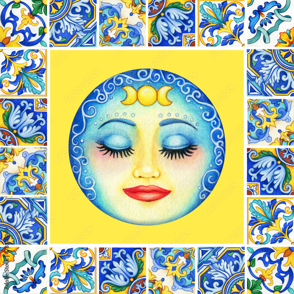 Fototapeta premium watercolor hand drawn colorful italian tiles and sun face