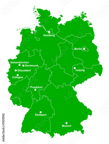 Germany, political map in the green color of a soccer field. German football cities of the 2024 European championship, shown on a map with green country shape and white borders of the federal states.