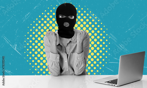 Foto Art collage, masked man, crook, and thief with a laptop.